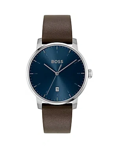 Hugo Boss Boss Men's Dean Quartz Basic Calendar Brown Leather Watch 41mm In Blue/brown
