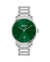 Hugo Boss Men's Dean Quartz Basic Calendar Silver-tone Stainless Steel Watch 41mm In Green/silver