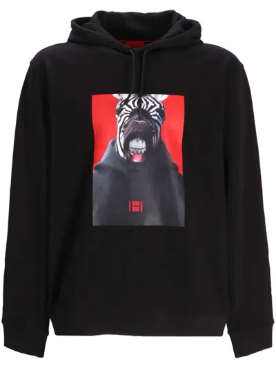 Hugo Boss Debras Photography-print Cotton Hoodie In Black