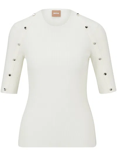 Hugo Boss Decorative-button Ribbed-knit Top In White