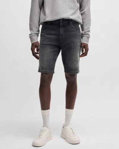 Hugo Boss Delaware Mens Slim-fit Shorts In Black Comfort-stretch Denim