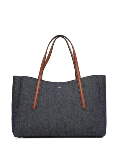 Hugo Boss Denim Leather-trimmed Tote Bag In Blue