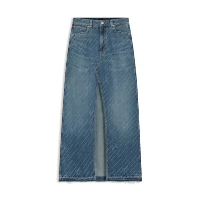 Hugo Boss Denim Skirt With Logo Pinstripe Pattern And Front Slit In Blue