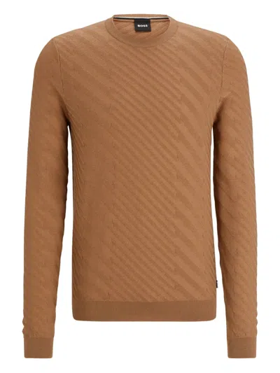 Hugo Boss Diagonal-pattern Crew-neck Sweater In Brown