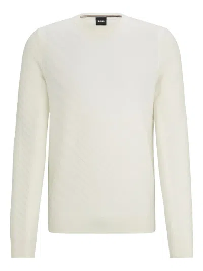 Hugo Boss Diagonal-pattern Crew-neck Sweater In White