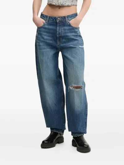 Hugo Boss Distressed Barrel-leg Jeans In Blue