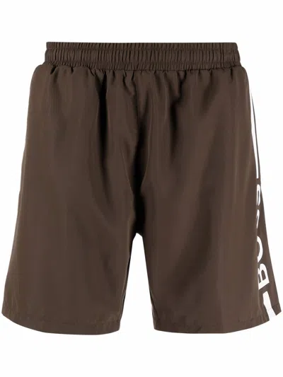 Hugo Boss Logo-print Swim Shorts In 254 Brown