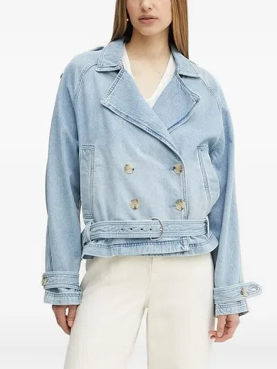 Hugo Boss Double-breasted Belted Denim Jacket In Blue