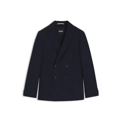 Hugo Boss Double-breasted Blazer In Cotton And Wool Seersucker In Blue