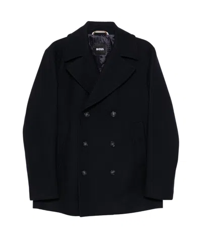 Hugo Boss Double-breasted Coat In Black