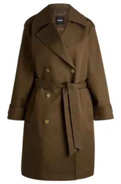 Hugo Boss Double-breasted Coat In Water-repellent Cotton In Light Brown