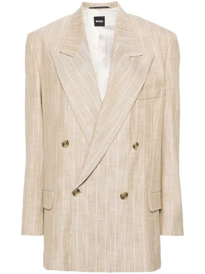 Hugo Boss Pinstriped Double-breasted Blazer In 中性色