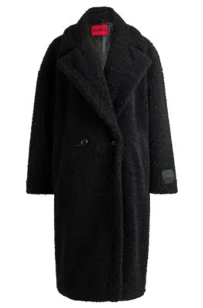 Hugo Boss Double-breasted Oversize-fit Coat In Faux Fur In Black