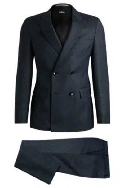 Hugo Boss Double-breasted Slim-fit Suit In Micro-patterned Wool In Dark Blue