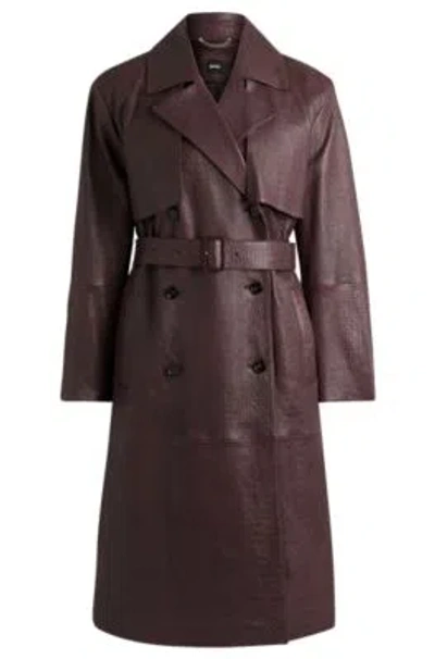 Hugo Boss Double-breasted Trench Coat In Crocodile-patterned Leather In Light Red