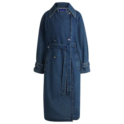 Hugo Boss Double-breasted Trench Coat In Dark-blue Denim