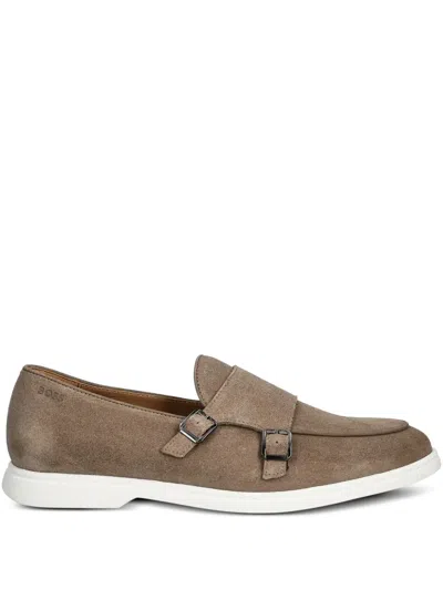 Hugo Boss Double-buckle Suede Loafers In Brown