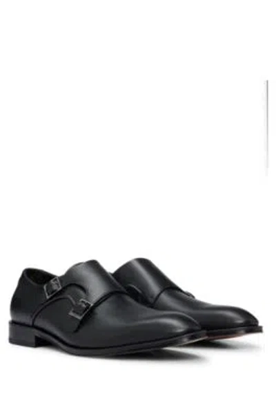 Hugo Boss Double-monk Shoes In Smooth Leather With Metal Buckles In Black