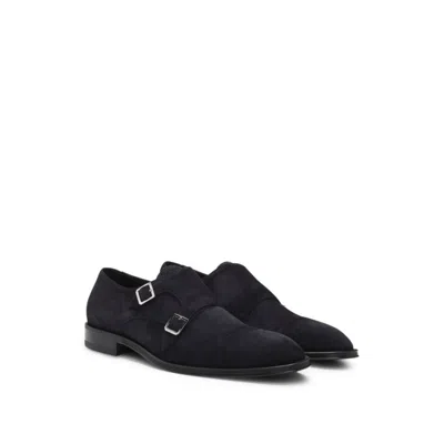 Hugo Boss Double Monk Shoes In Suede In Blue