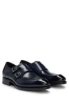 Hugo Boss Double-strap Monk Shoes In Leather With Heel Detail In Dark Blue