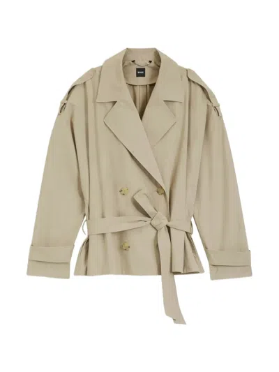 Hugo Boss Boss Cropped Cotton Trench Coat In Gray