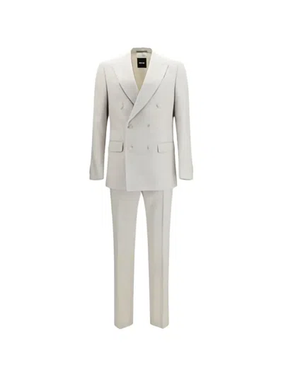 Hugo Boss Double-breasted Peak-lapel Suit In Gray