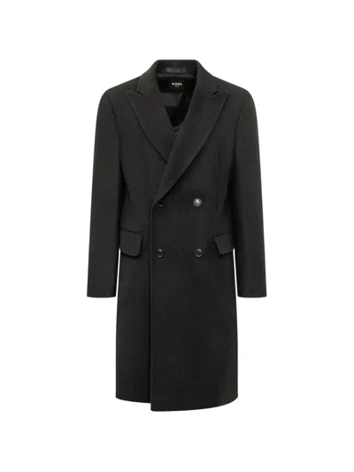 Hugo Boss Double-breasted Peak-lapels Coat In Black