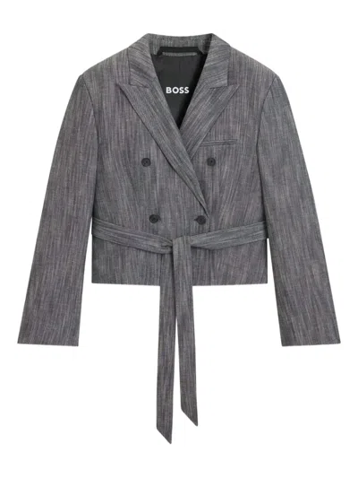 Hugo Boss Double-breasted Tie-detailed Jacket In Gray