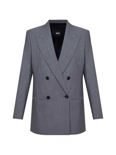 Hugo Boss Double-breasted Wool Jacket In Gray