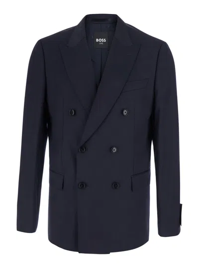 Hugo Boss Double-breasted Wool Jacket With Notched Lapels And Chest Pocket In Blue