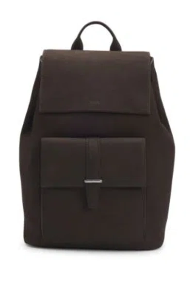 Hugo Boss Drawstring Backpack In Nubuck With Branded Trims In Dark Brown