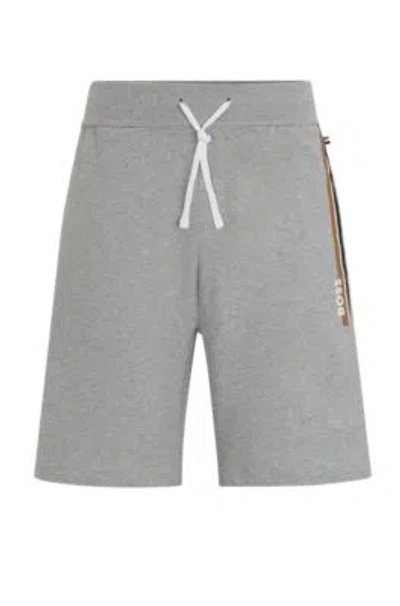 Hugo Boss Drawstring Shorts In French Terry With Stripes And Logo In Grey