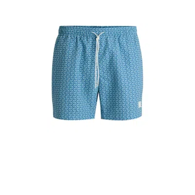 Hugo Boss Drawstring-waist Swim Shorts With All-over Print In Blue