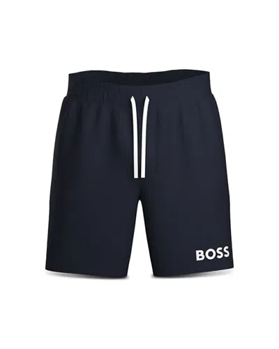 Hugo Boss Ease Cotton Logo Print Shorts Regular Fit In Dark Blue
