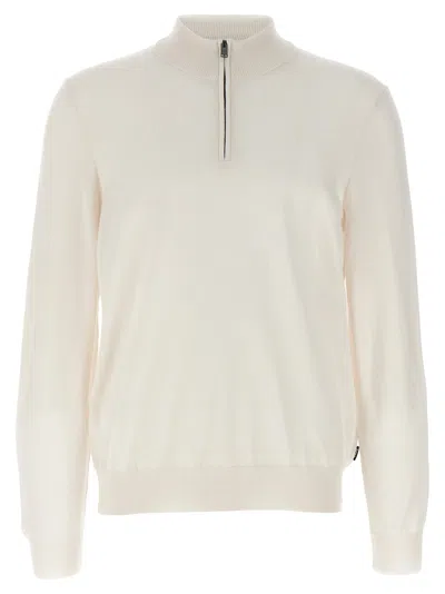 Hugo Boss Zip-neck Sweatshirt In Stretch-cotton Jacquard In White