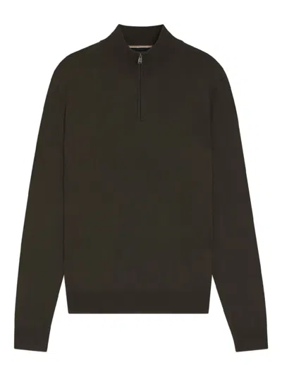 Hugo Boss Ebenji Zip-neck Wool Sweater In Brown
