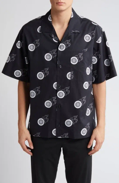 Hugo Boss Egeeno Flaming Tire Print Camp Shirt In Black