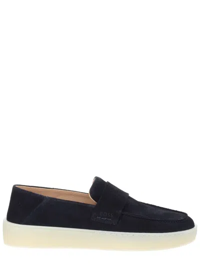 Hugo Boss Elegant Cowhide-leather Loafers With Branded Hardware In Blue