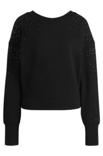 Hugo Boss Embellished Sweatshirt In Cotton Terry With Ribbed Trims In Black