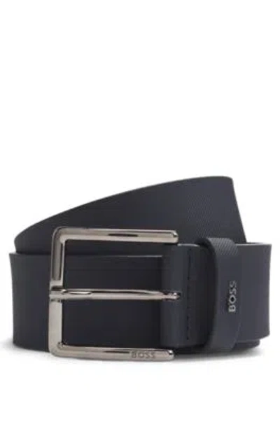 Hugo Boss Embossed-leather Belt With Pin Buckle And Logo Keeper In Dark Blue