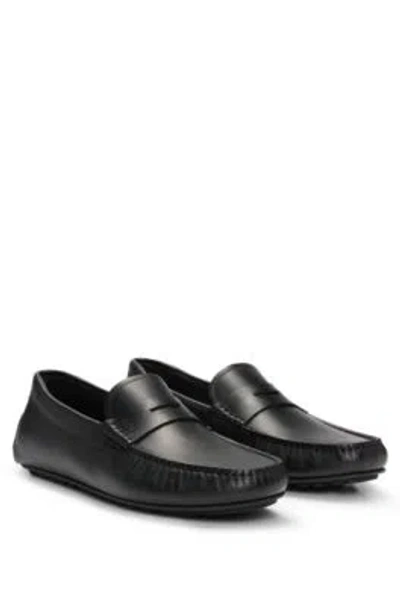 Hugo Boss Embossed-leather Slip-on Moccasins With Logo Detail In Black