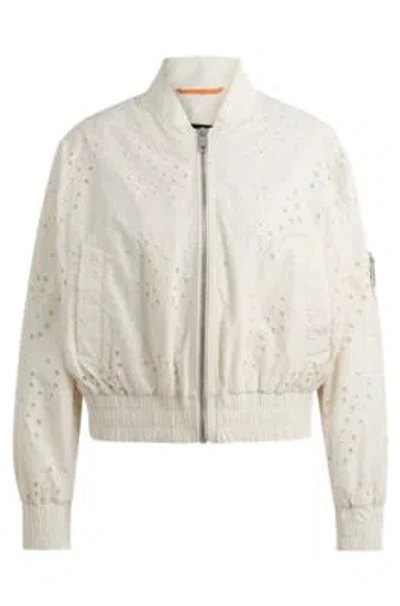 Hugo Boss Embroidered Bomber Jacket With Zipped Sleeve Pocket In White