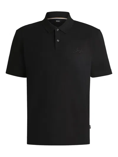 Hugo Boss Embroidered Cotton Polo Shirt In Black