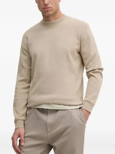 Hugo Boss Embroidered Cotton Sweater In Brown