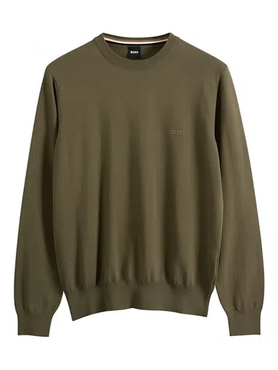 Hugo Boss Embroidered Logo Cotton Sweater In Green