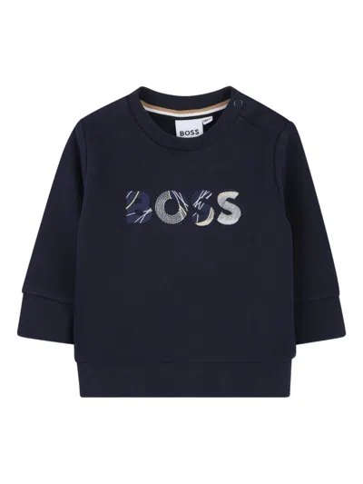 Hugo Boss Embroidered Logo Crew Neck Sweater For Kids In Blue