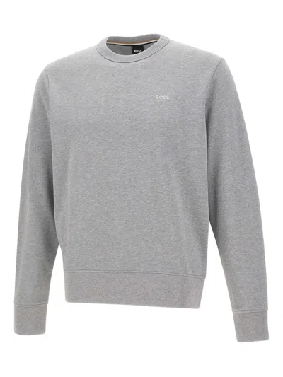Hugo Boss Embroidered-logo Crew-neck Sweatshirt In Gray