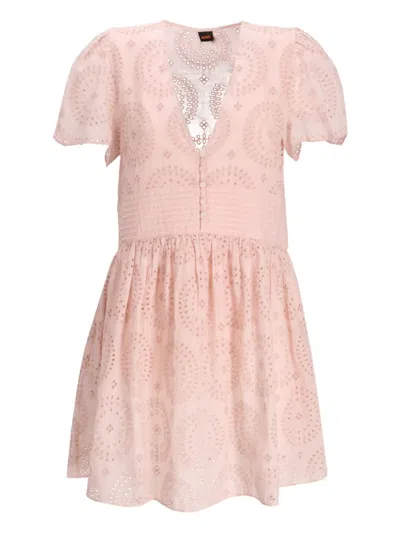 Hugo Boss Embroidered Short-sleeve Dress In Pink