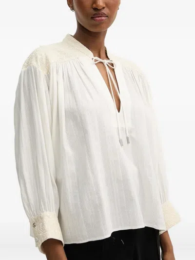Hugo Boss Embroidered Tie-neck Top In Neutral