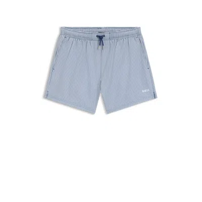 Hugo Boss Embroidered-logo Swim Shorts In Striped Seersucker In Blue